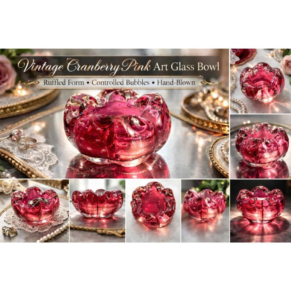 Vintage Optic Blown Glass Cranberry Rose bowl
